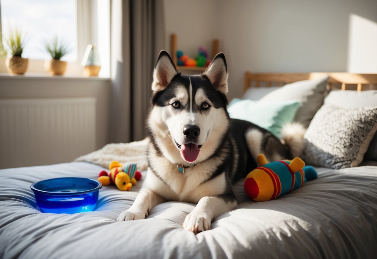 An Alaskan Husky lying on a soft bed, surrounded by toys and a water bowl. A sunny window illuminates the cozy room