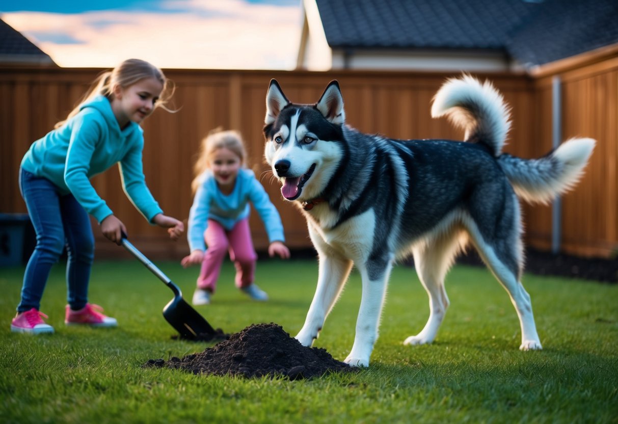 A husky happily playing with children in a spacious backyard, but also digging up the garden and howling loudly at night