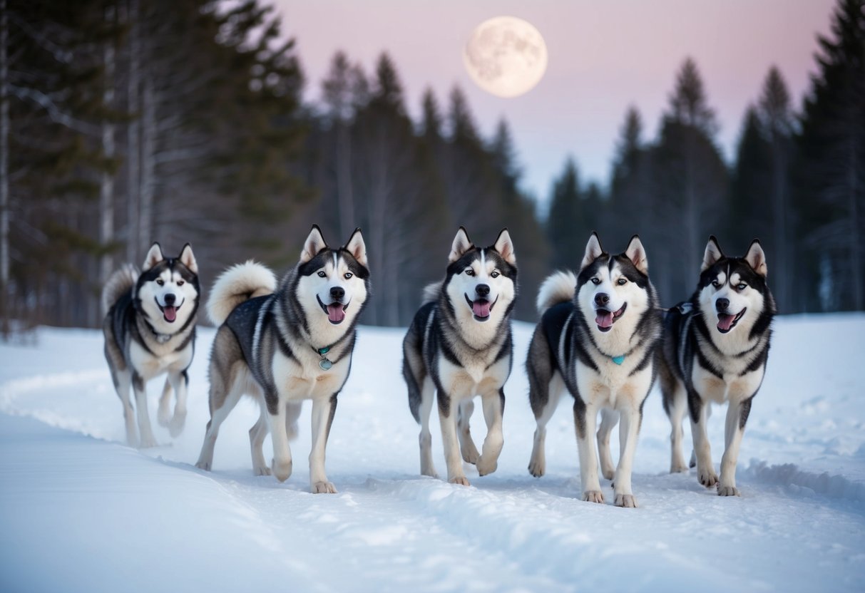 A pack of huskies roam the snowy forest, their wolf-like features evident as they howl at the moon