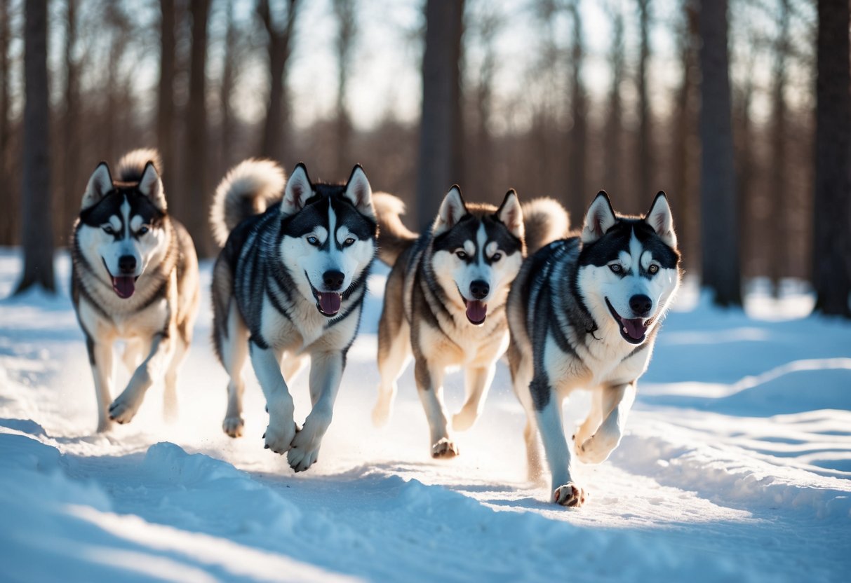 A pack of huskies with wolf-like features roam through a snowy forest, their sleek fur glistening in the sunlight as they playfully interact with each other