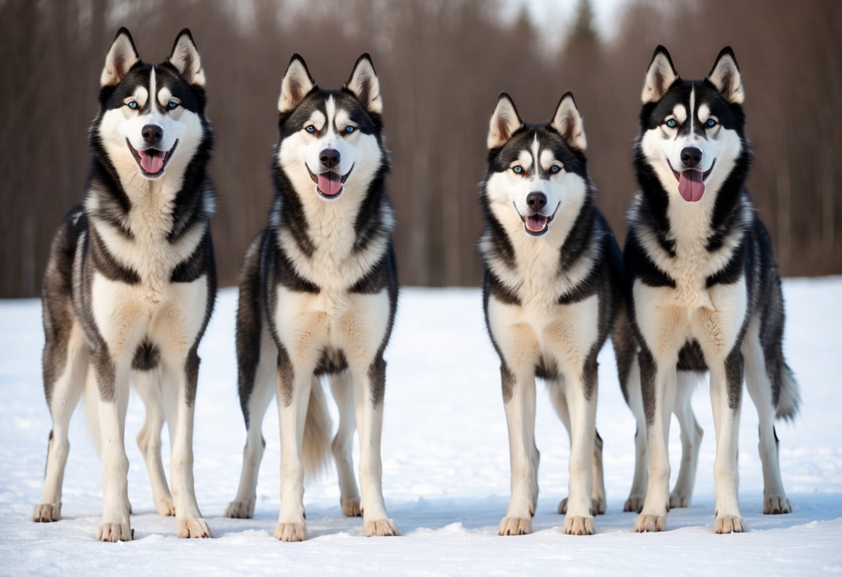 Two Alaskan huskies stand taller than two Siberian huskies, comparing their size
