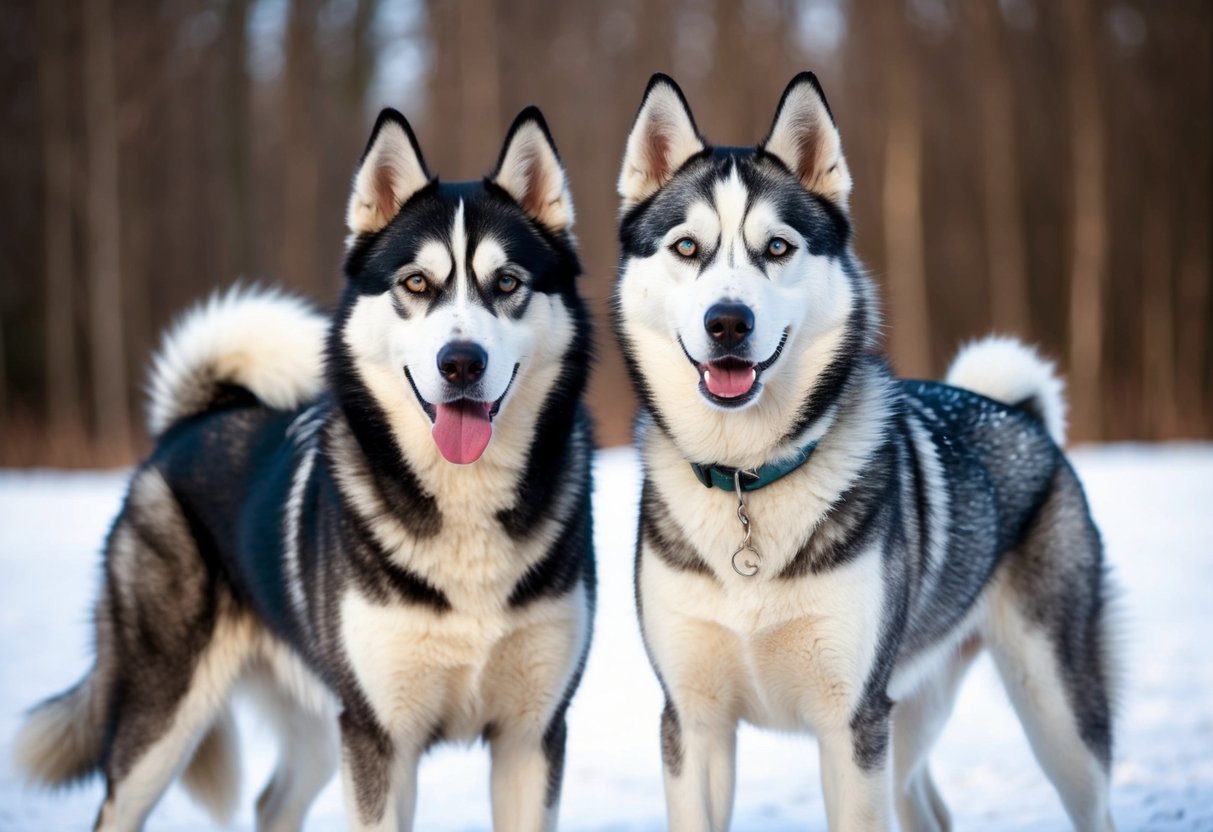 Two huskies stand side by side, the Alaskan husky slightly larger than the Siberian husky. Their body language shows a calm and friendly temperament