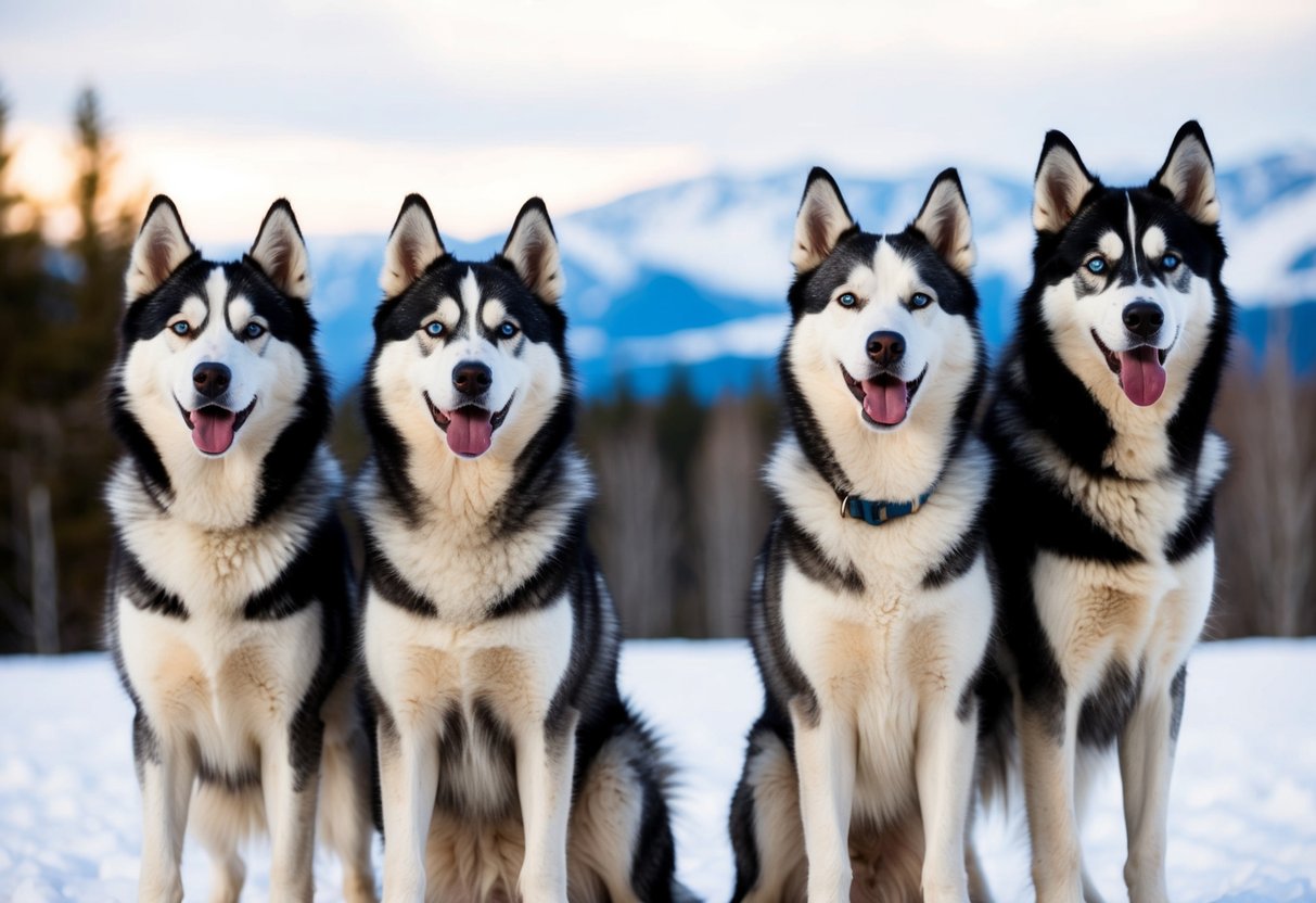 Two Alaskan huskies and two Siberian huskies standing side by side, comparing their sizes