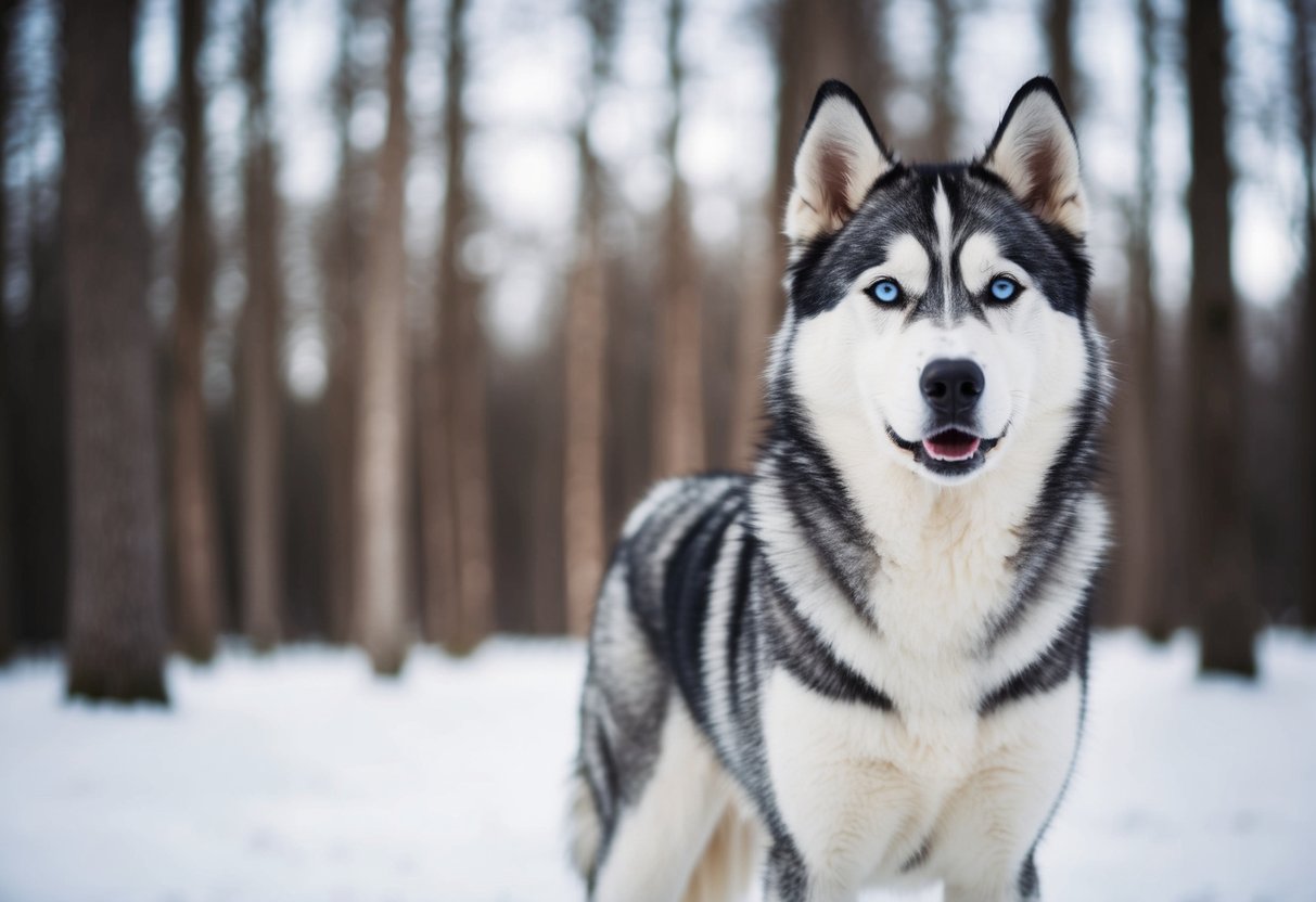 A husky stands in a snowy forest, its fur thick and grey, with pointed ears and piercing blue eyes, resembling a wolf in appearance