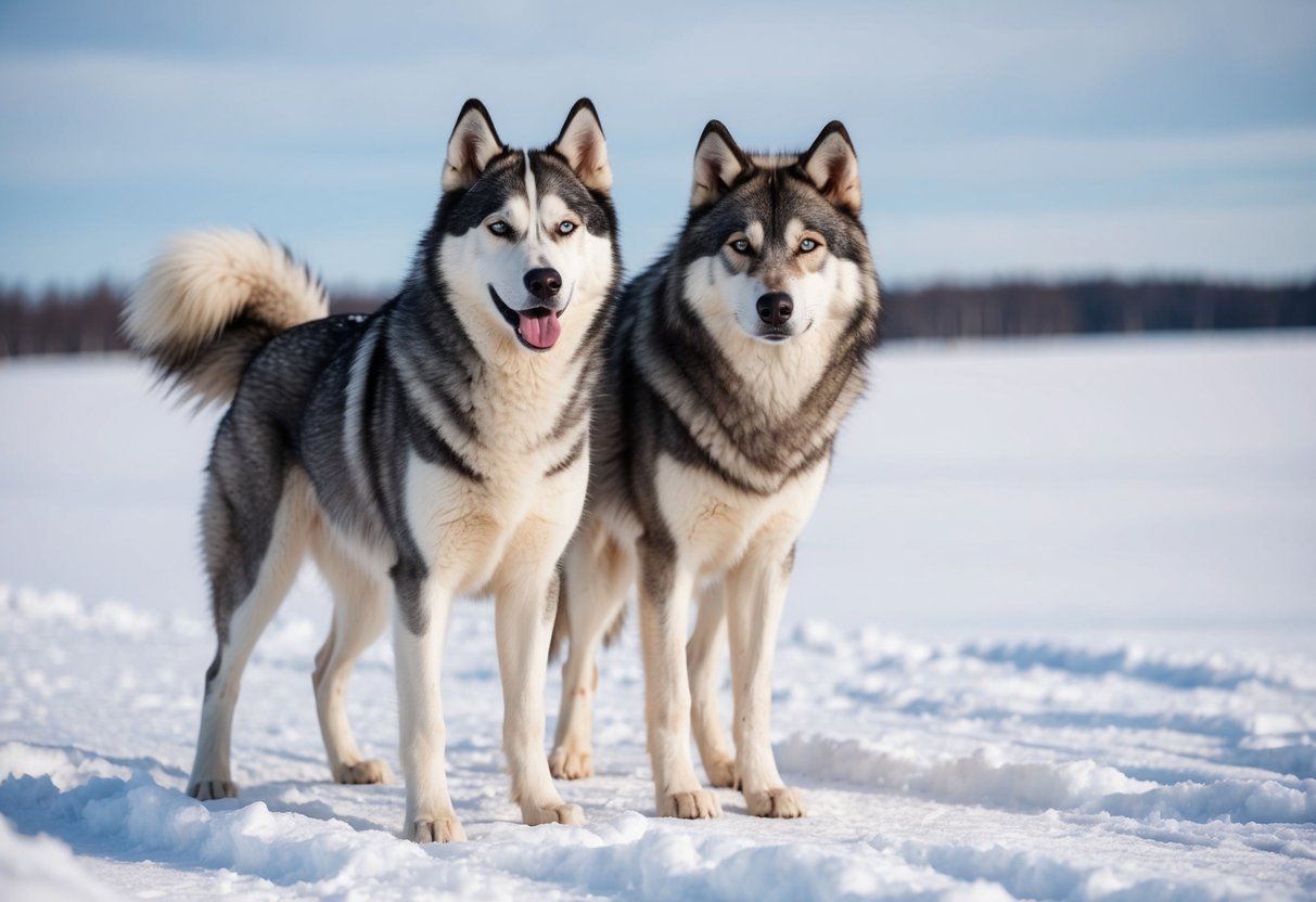 A husky and a wolf stand side by side, their thick, fluffy fur blowing in the wind as they gaze out over a snowy landscape