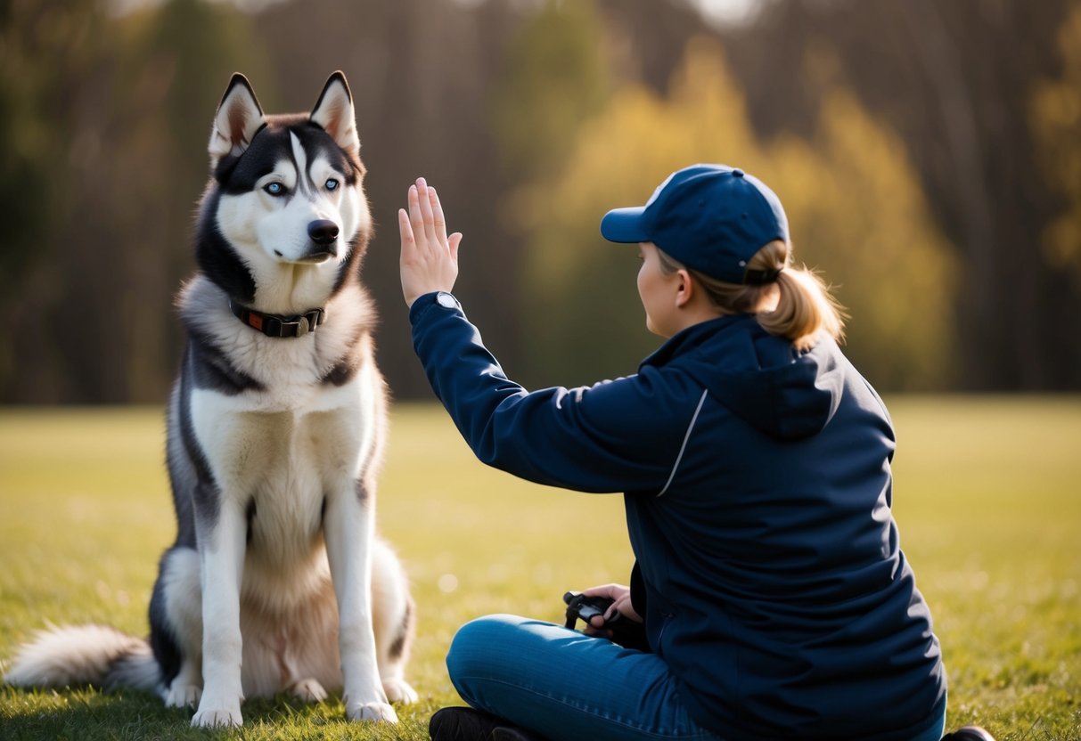 A husky sits quietly with a trainer, focusing on a hand signal