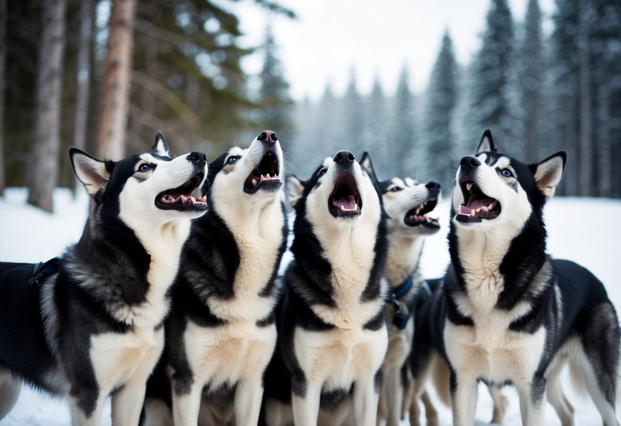 Several Alaskan huskies are gathered in a snowy forest, their heads tilted back as they let out a chorus of loud barks