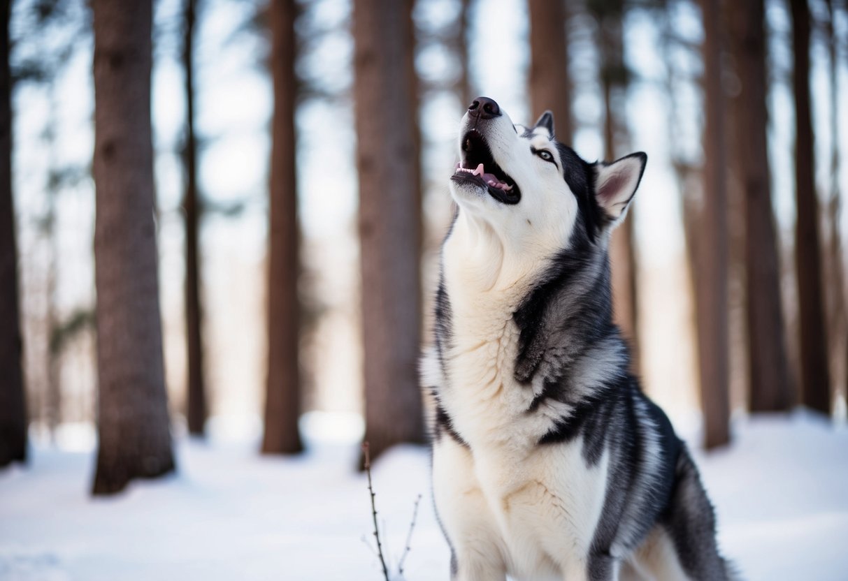 An Alaskan husky stands in a snowy forest, head tilted back, emitting a series of loud, melodic howls