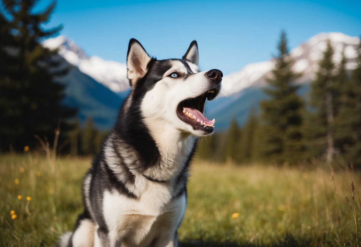 An Alaskan husky barking in a serene outdoor setting, surrounded by trees and mountains, with a clear blue sky overhead