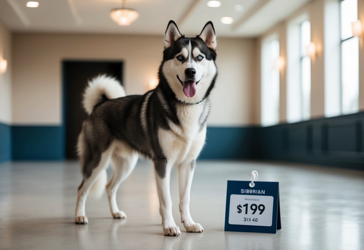A beautiful Siberian husky standing in a spacious, well-lit room with a price tag displayed nearby