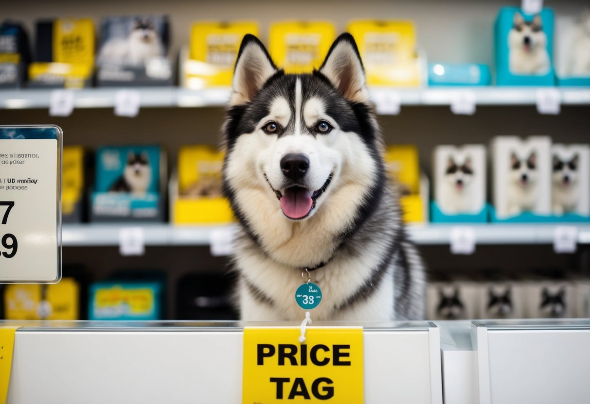 A fluffy husky stands in front of a price tag in a UK pet store