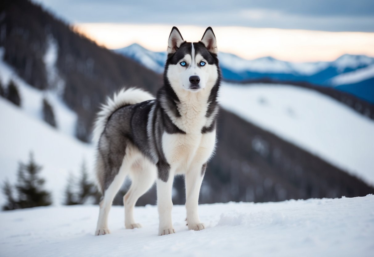 A husky stands confidently on a snow-covered mountain, its fur thick and fluffy against the cold. Its bright blue eyes gaze out with intelligence and determination