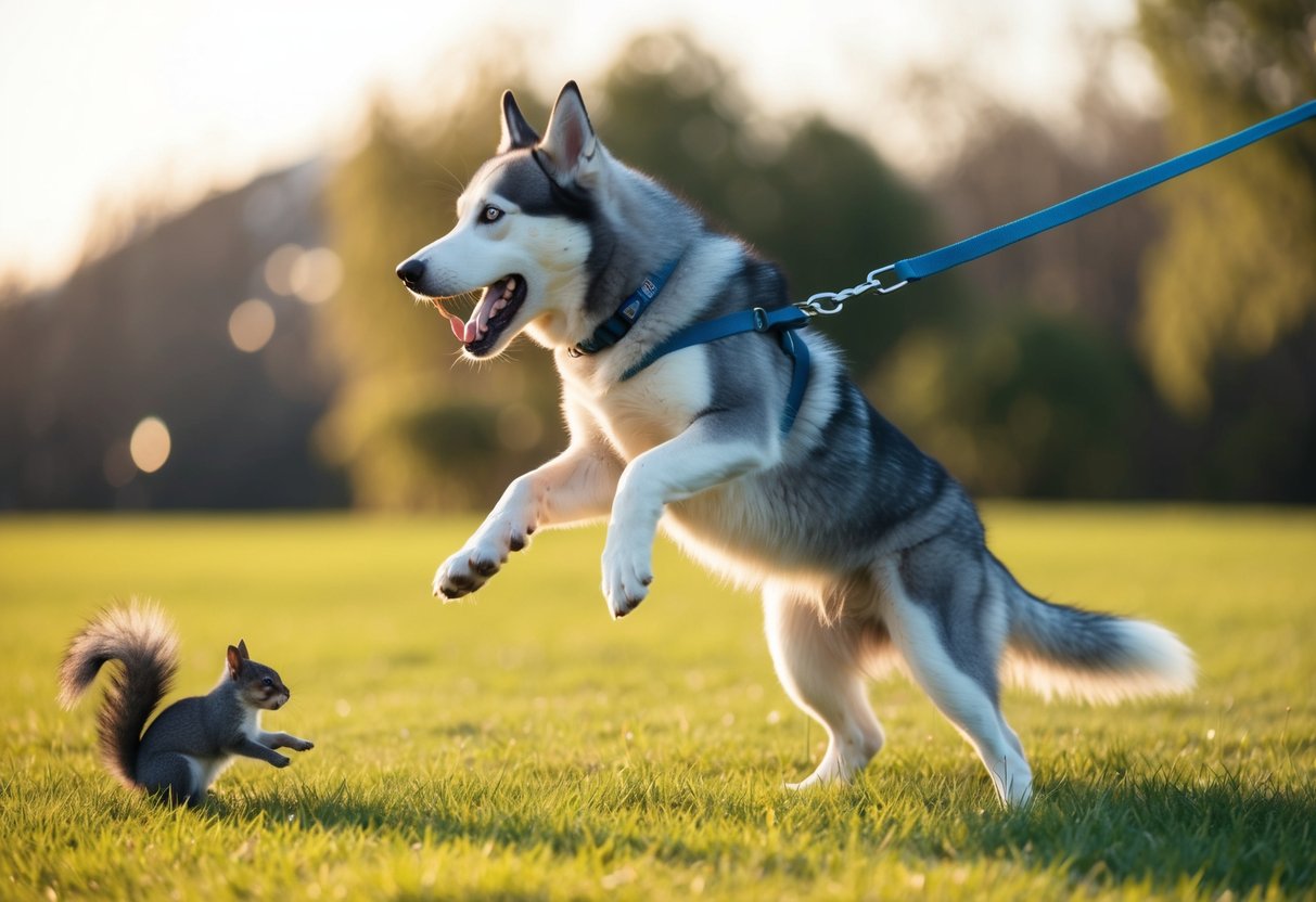 A husky pulls on its leash, jumping and barking at a squirrel