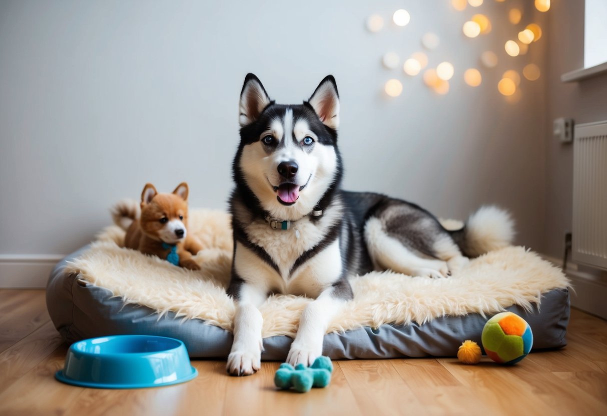 A husky lounges on a fluffy bed, surrounded by toys and a water bowl. Its bright eyes and thick fur indicate good health