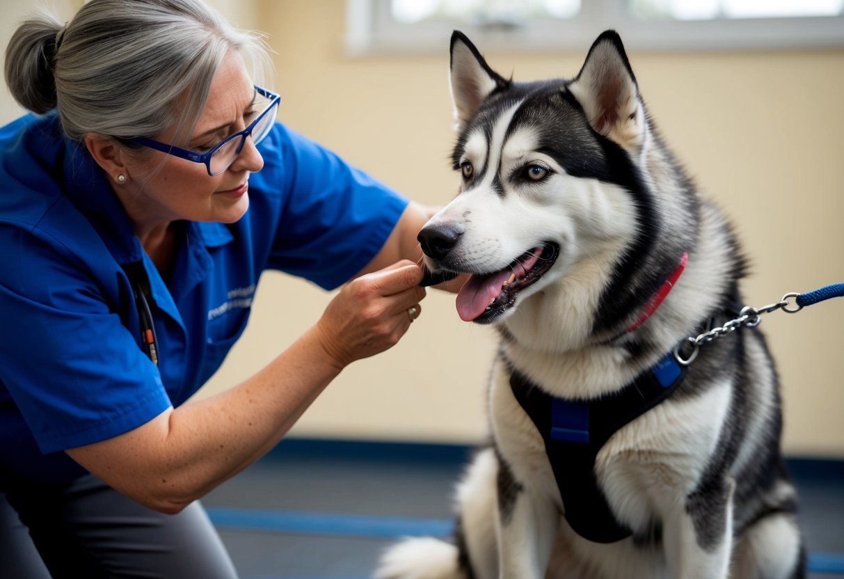 A husky receiving training from a professional dog behaviorist, engaging in activities such as obedience training, socialization, and mental stimulation to mitigate any problematic behaviors