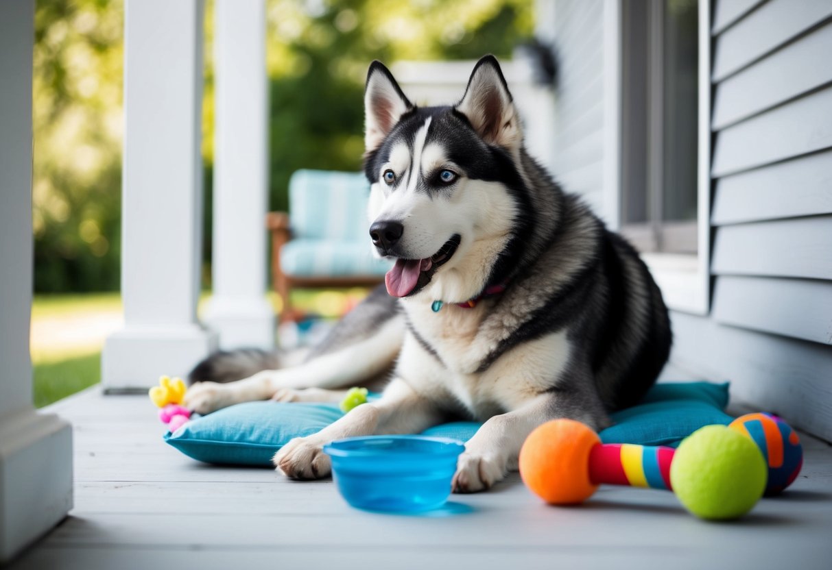 A 14-year-old husky lounges on a porch, surrounded by toys and a bowl of water. The dog's gray muzzle and cloudy eyes indicate its advanced age