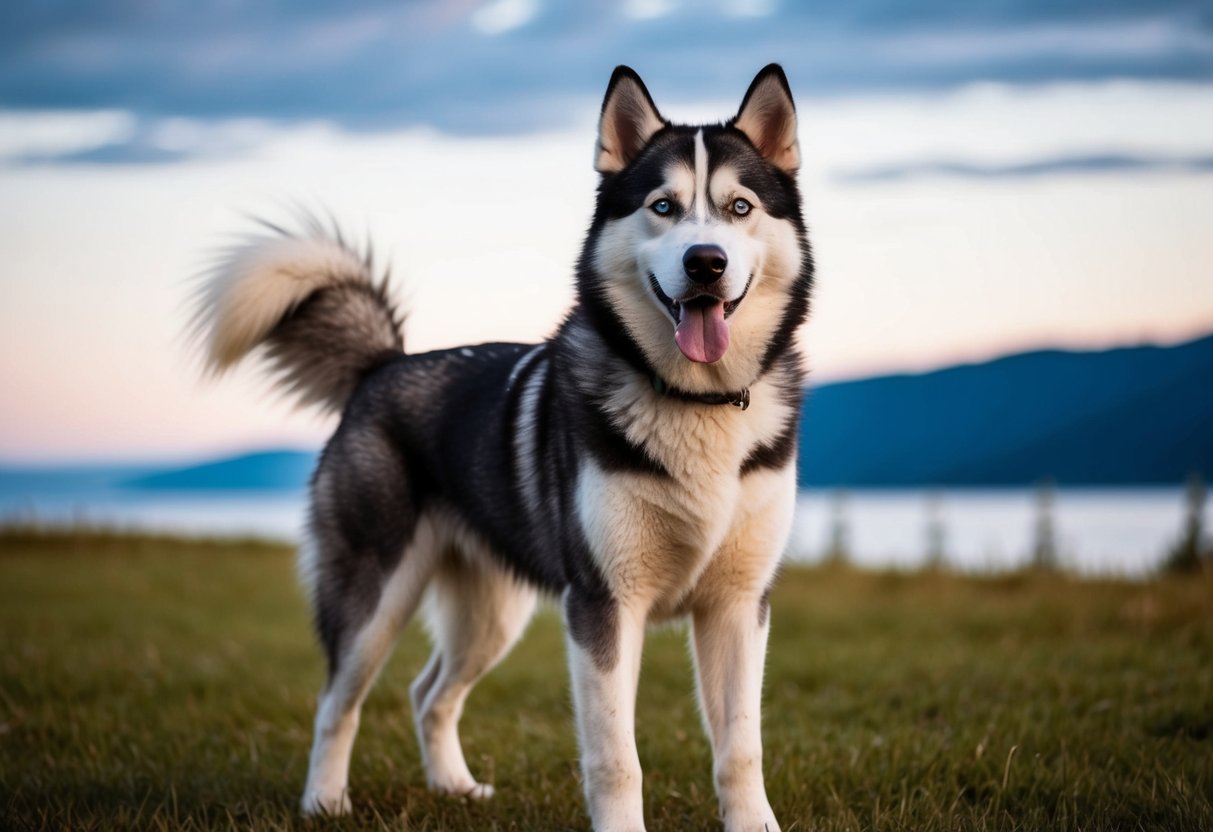 An Alaskan husky stands proudly, with a thick fur coat, pointed ears, and a long bushy tail