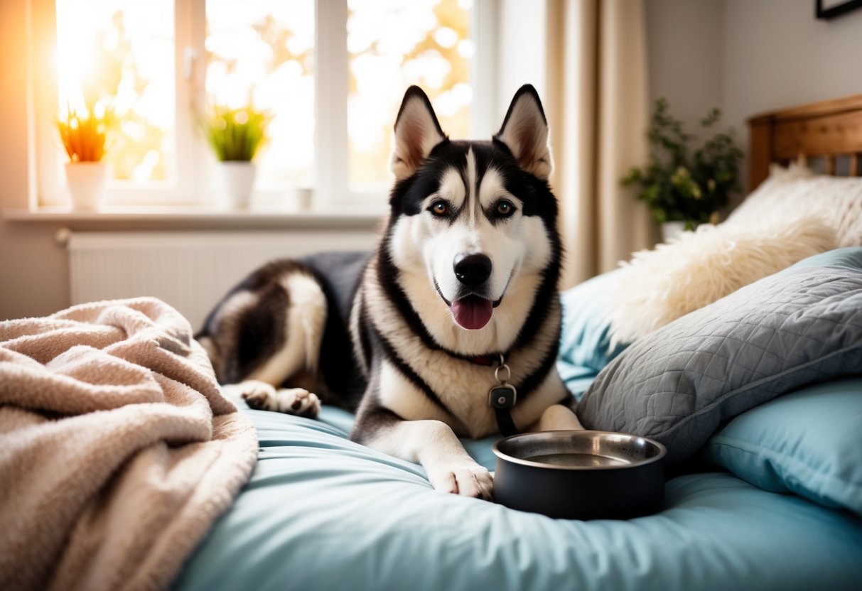 A senior Husky rests on a soft bed, surrounded by cozy blankets and a bowl of water. The room is filled with warm sunlight streaming in through the window