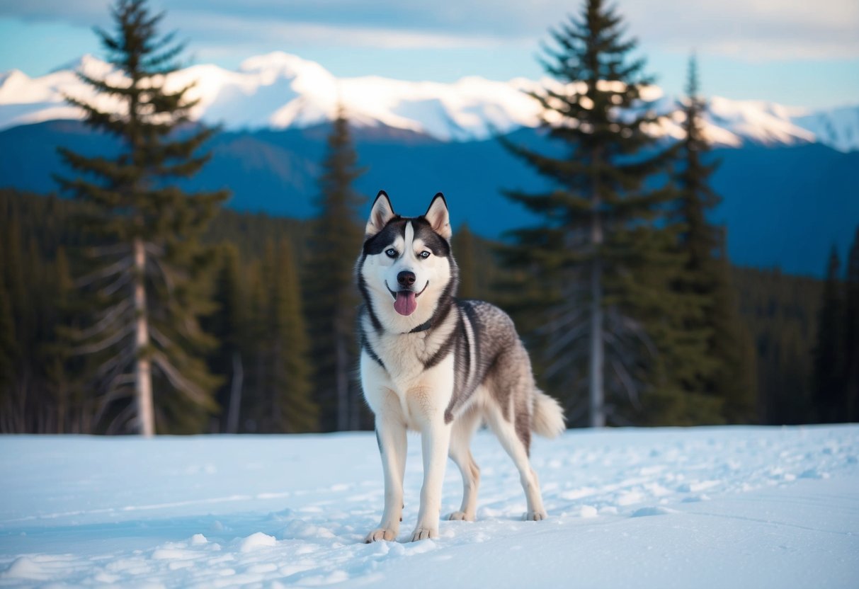An Alaskan husky stands proudly in a snowy landscape, surrounded by tall evergreen trees and mountains in the distance