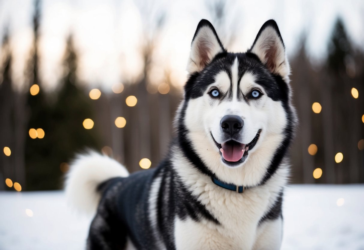 An Alaskan husky stands proudly, with a thick fur coat and pointed ears, exuding an alert and confident temperament