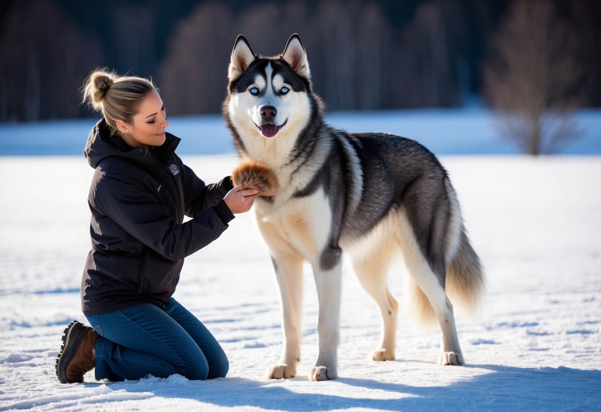 An Alaskan husky stands proudly in a snowy landscape, its thick fur glistening in the sunlight. A trainer kneels beside it, brushing its coat with care