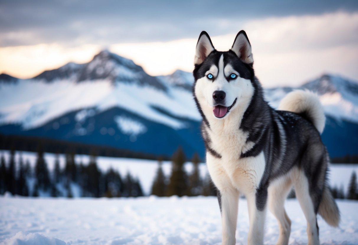 A husky stands in a snowy landscape, with a mountain range in the background. Its thick fur and striking blue eyes suggest either a Siberian or Alaskan breed