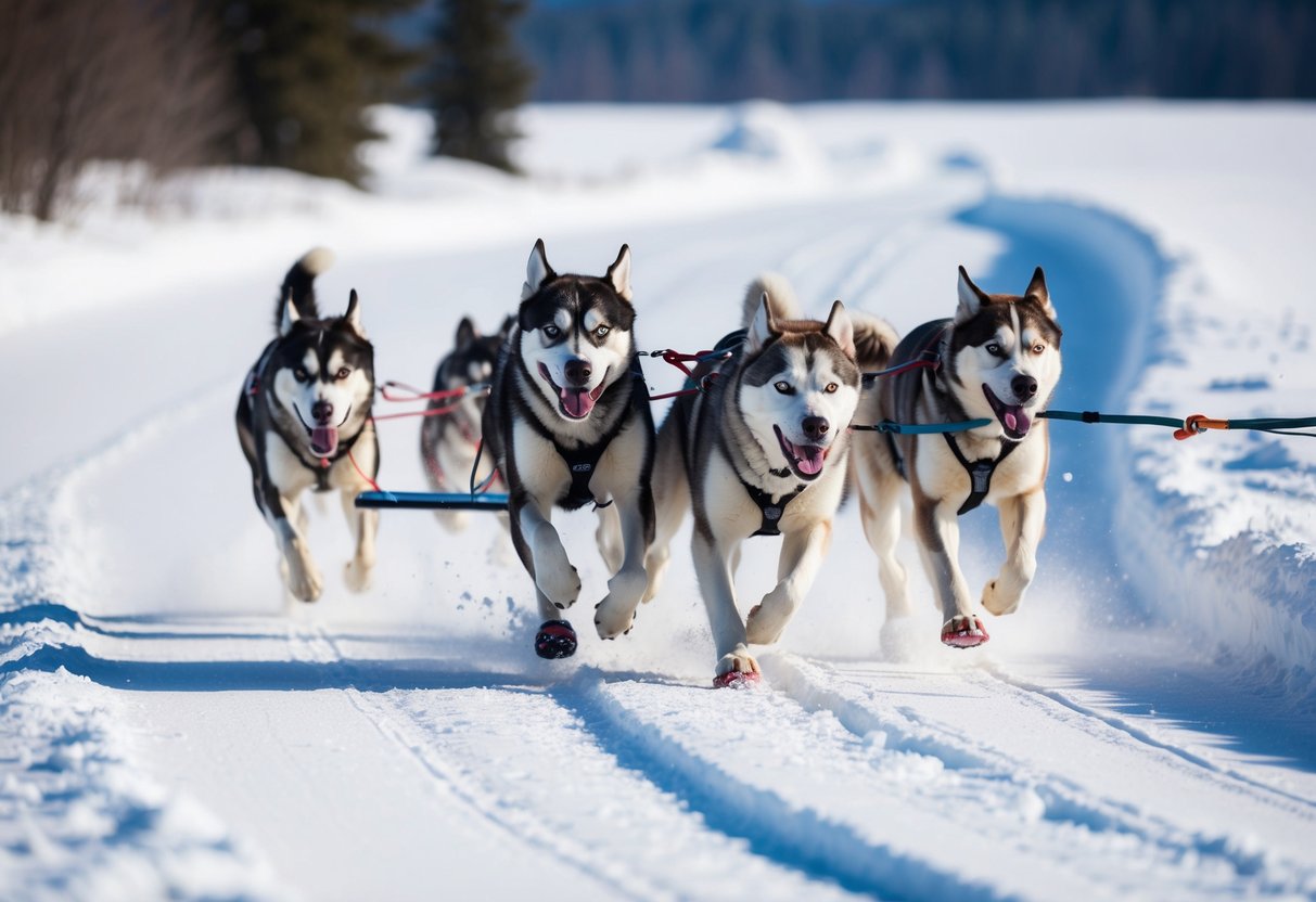 A team of Alaskan Huskies races through a snowy landscape, pulling a sled with determination and speed
