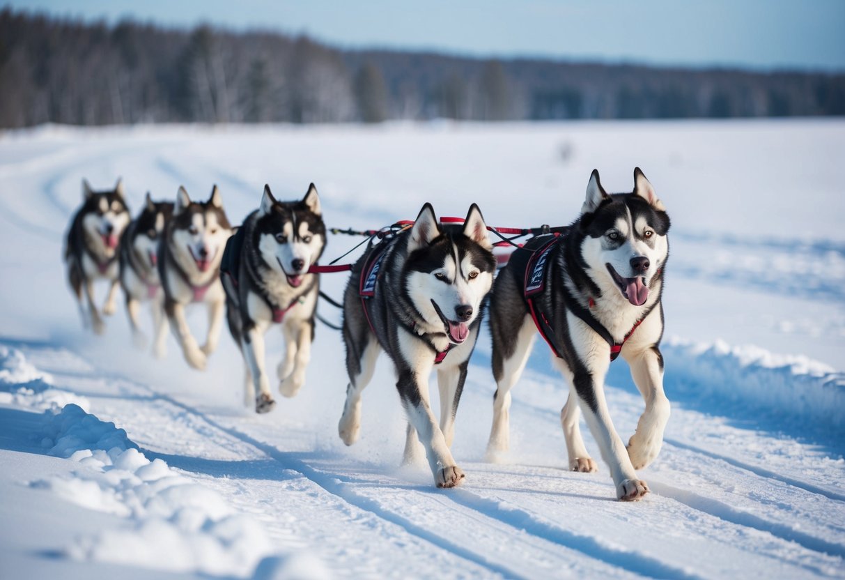 An Alaskan Husky sled dog team races through a snowy wilderness, pulling a sled across the frozen landscape