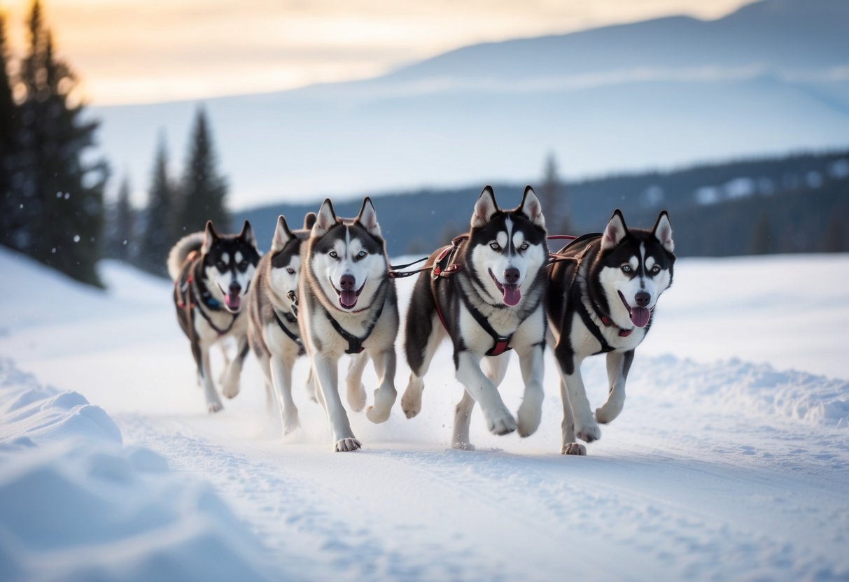 An Alaskan Husky sled dog team running through a snowy landscape