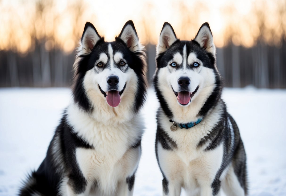 An Eskimo dog and a husky stand side by side, their thick fur and pointed ears distinguishing them as Arctic breeds