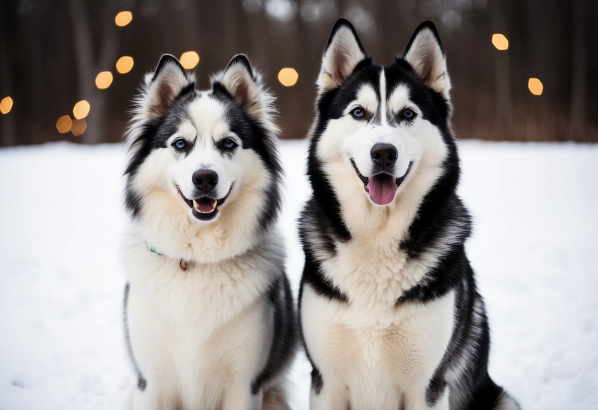 An Eskimo dog and a husky stand side by side, showcasing their distinct physical features and markings