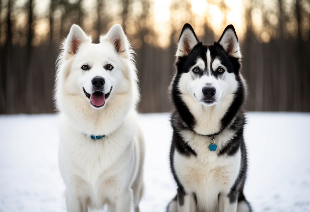 An Eskimo dog and a husky stand side by side, showcasing their physical and behavioral characteristics