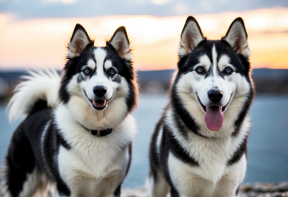 An eskimo dog and a husky stand side by side, their similar appearances prompting a discussion on health and care considerations