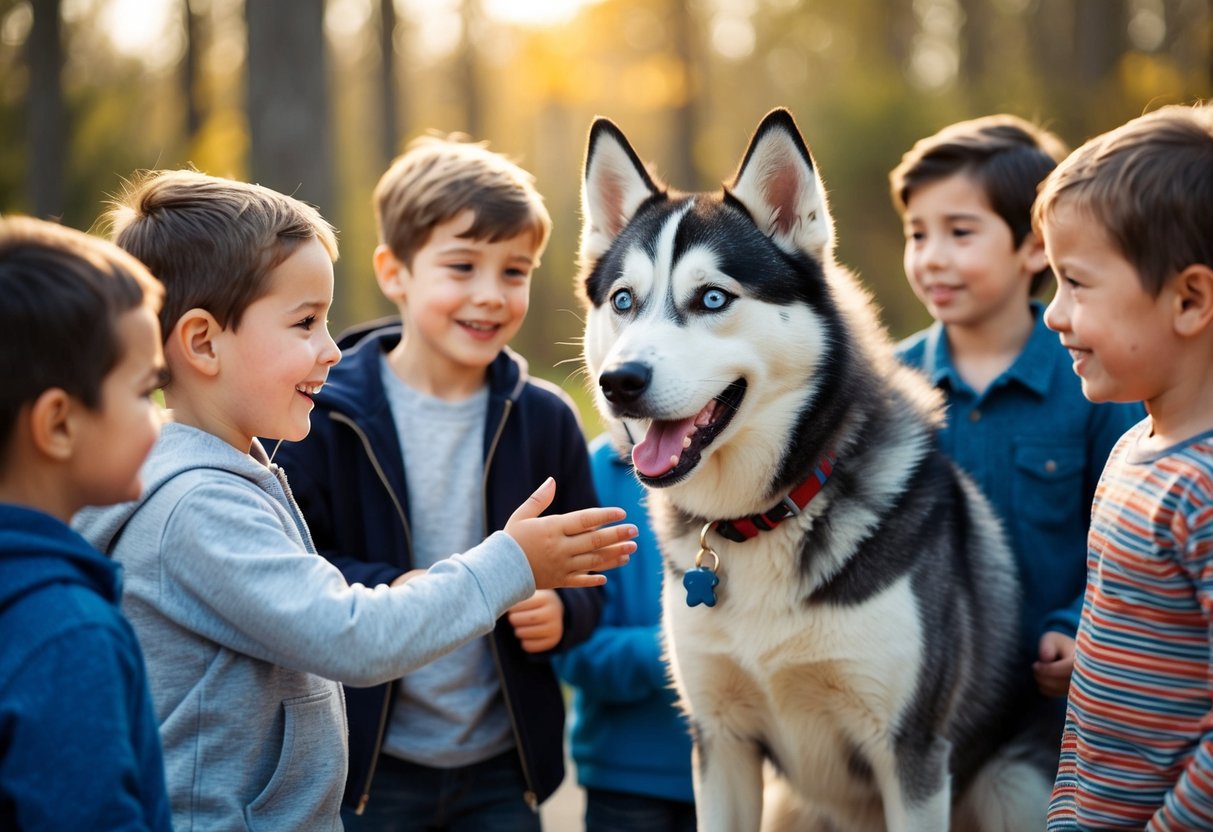 A smiling, eager Husky with bright eyes eagerly greeting a group of children with wagging tail and gentle demeanor