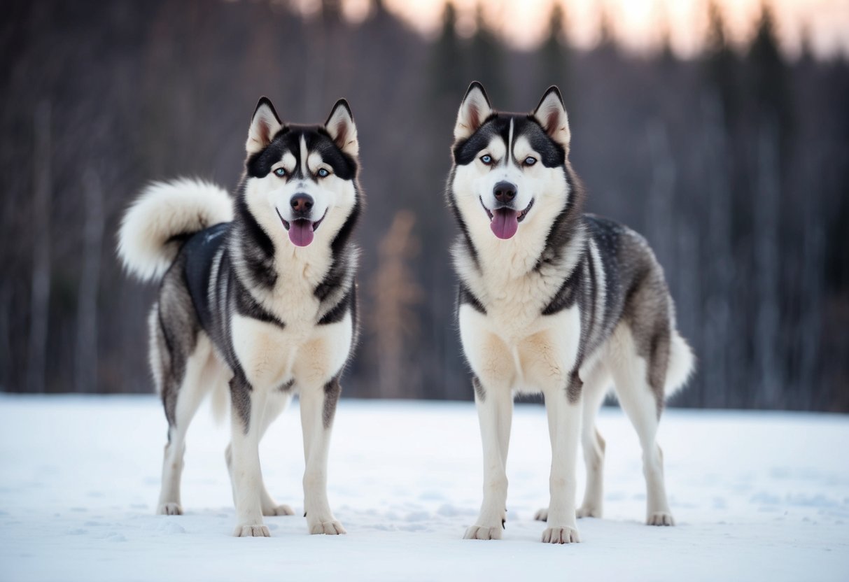 Two huskies stand side by side, one Siberian and one Alaskan, against a snowy backdrop