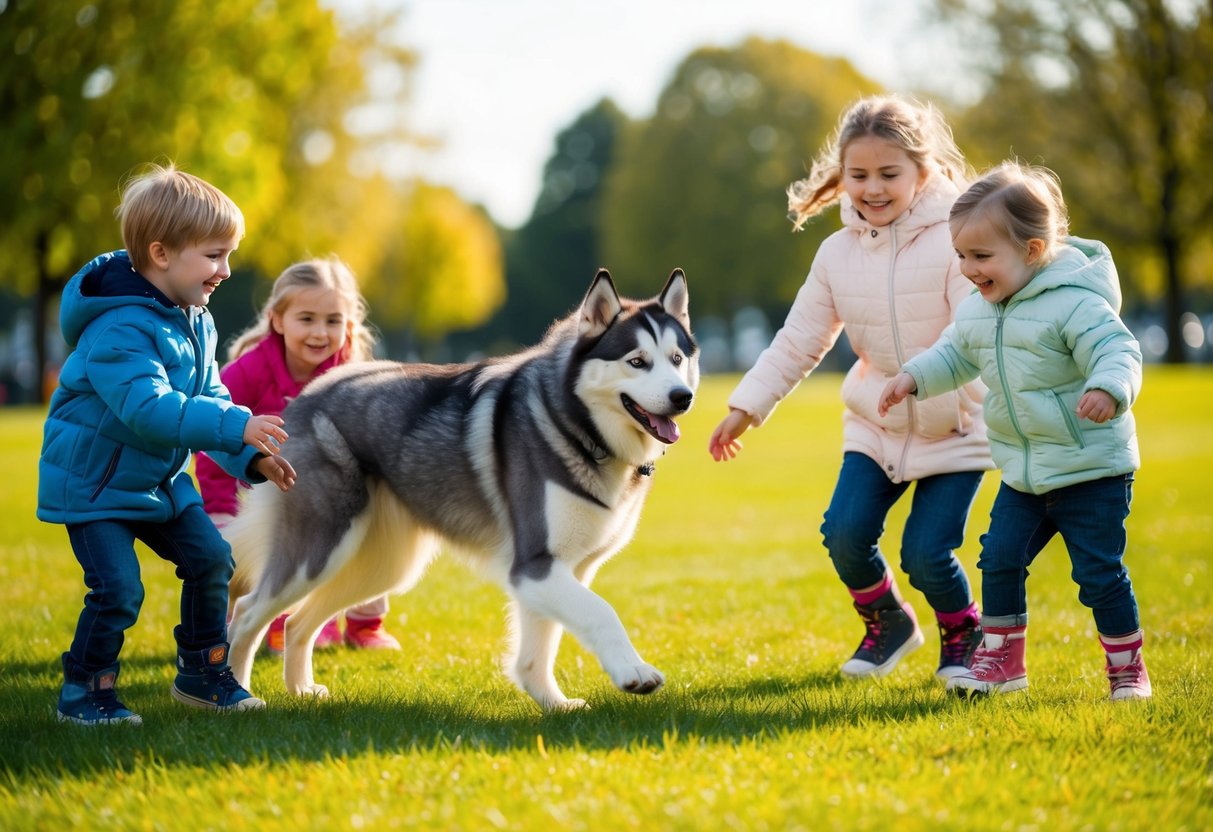 A smiling, fluffy Siberian Husky plays with a group of children in a sunny, grassy park