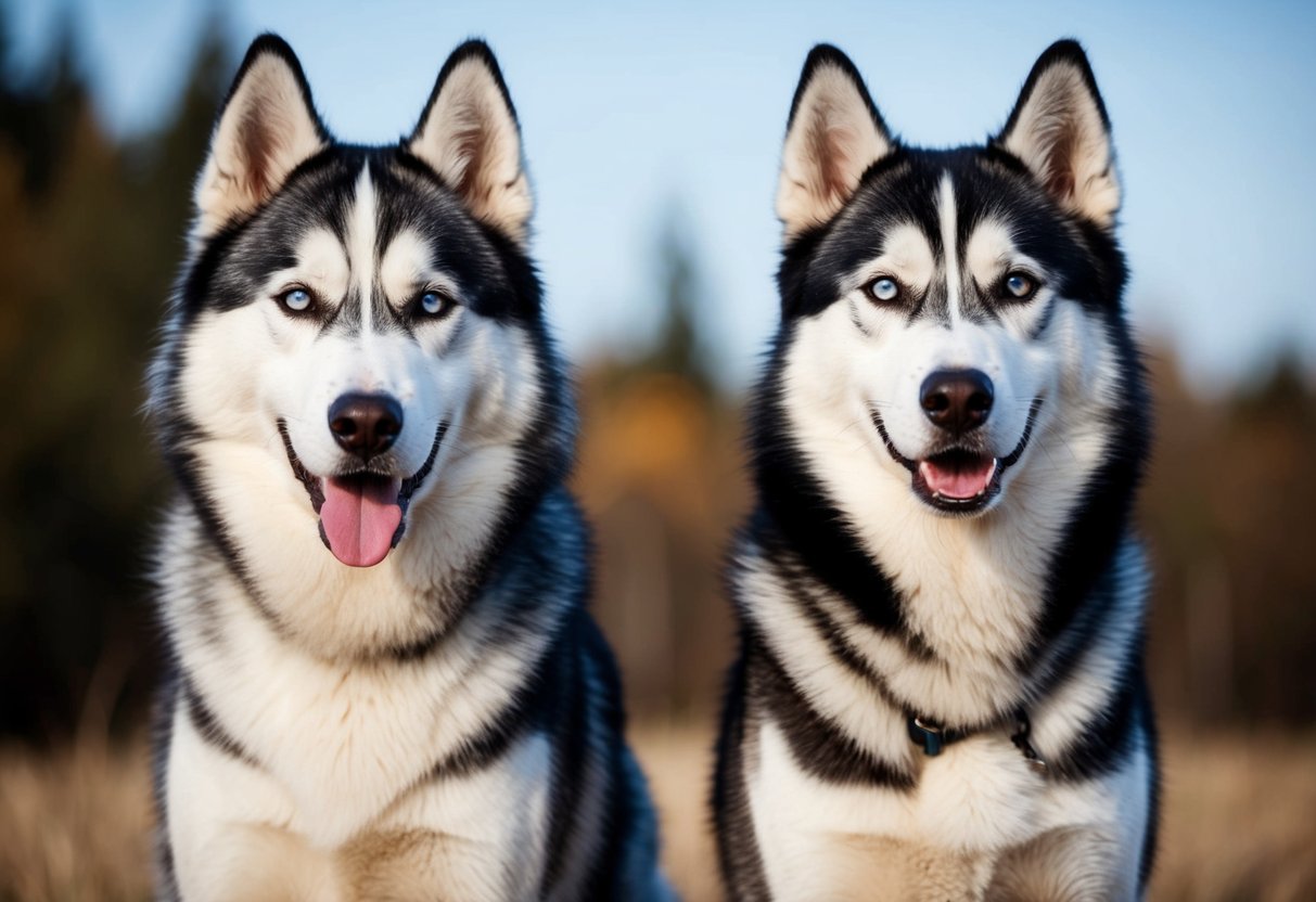 Two huskies stand side by side, the Siberian husky slightly larger than the Alaskan husky. Their thick fur and pointed ears are prominent features