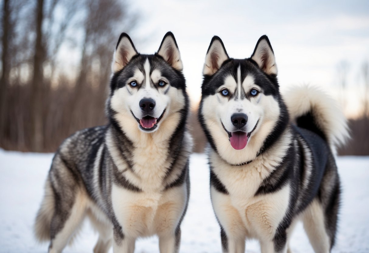 A siberian and alaskan husky stand side by side, with the siberian appearing slightly larger and fluffier than the alaskan