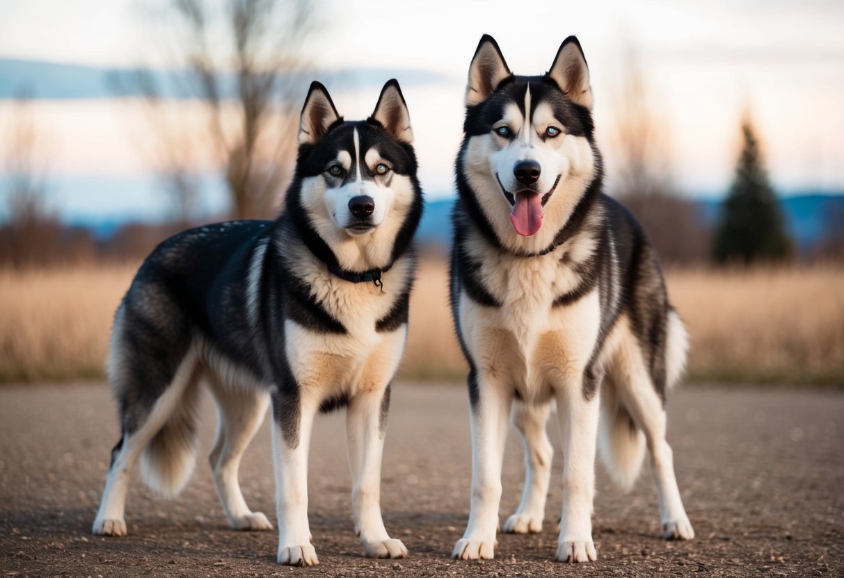 A Siberian and Alaskan husky stand side by side, their sizes compared
