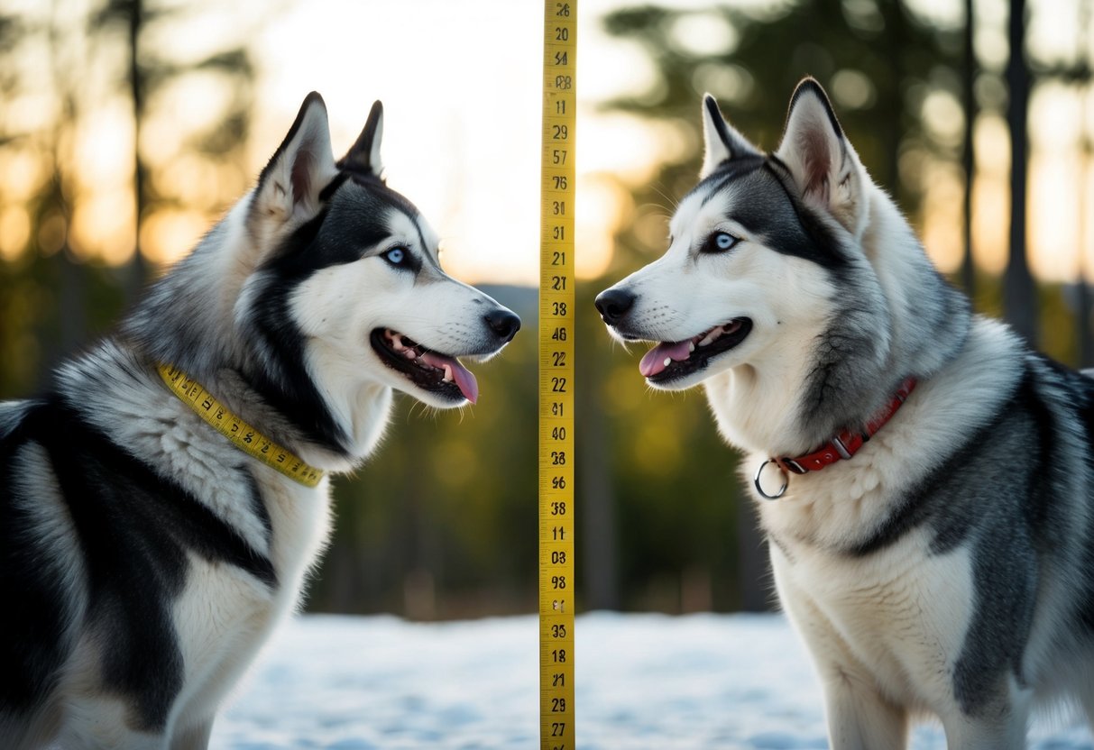 A siberian and alaskan husky stand side by side, facing each other, with a measuring tape stretched between them