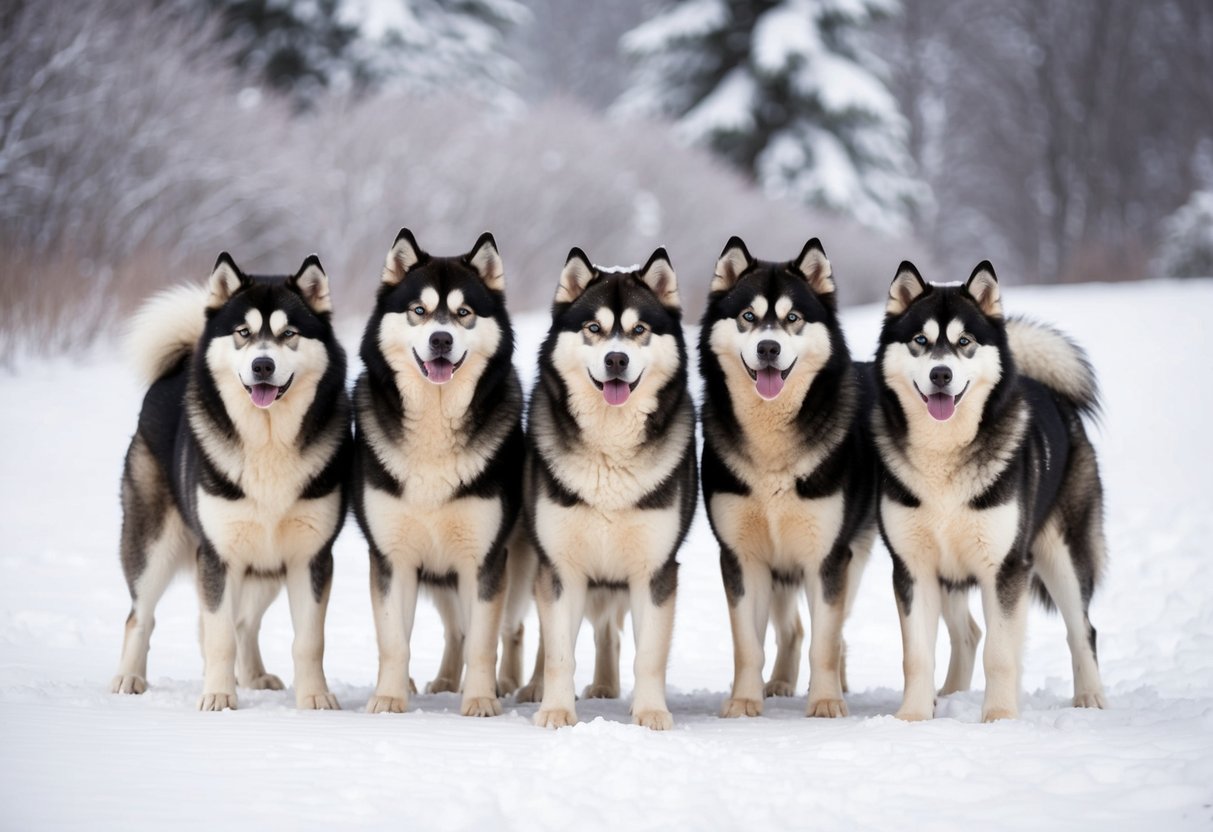 A pack of massive Alaskan Malamutes stand proudly in the snow, their thick fur and powerful builds exuding strength and resilience