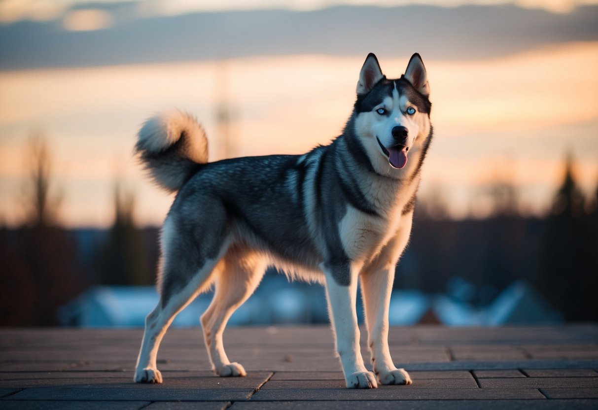 A powerful Siberian Husky stands tall, with a thick coat, piercing blue eyes, and a strong, muscular build