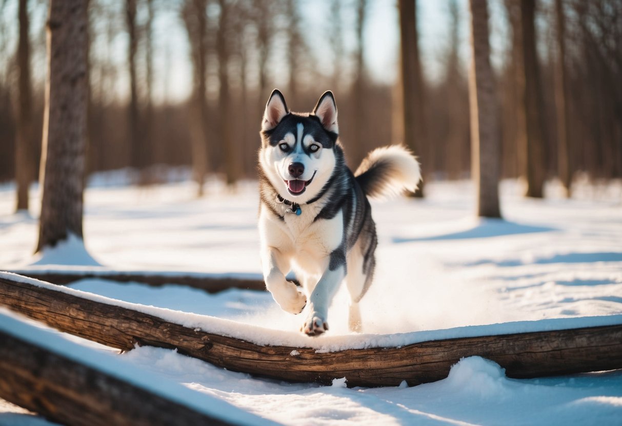 A beautiful husky mix dog running through a snowy forest, its fur glistening in the sunlight as it gracefully leaps over fallen logs
