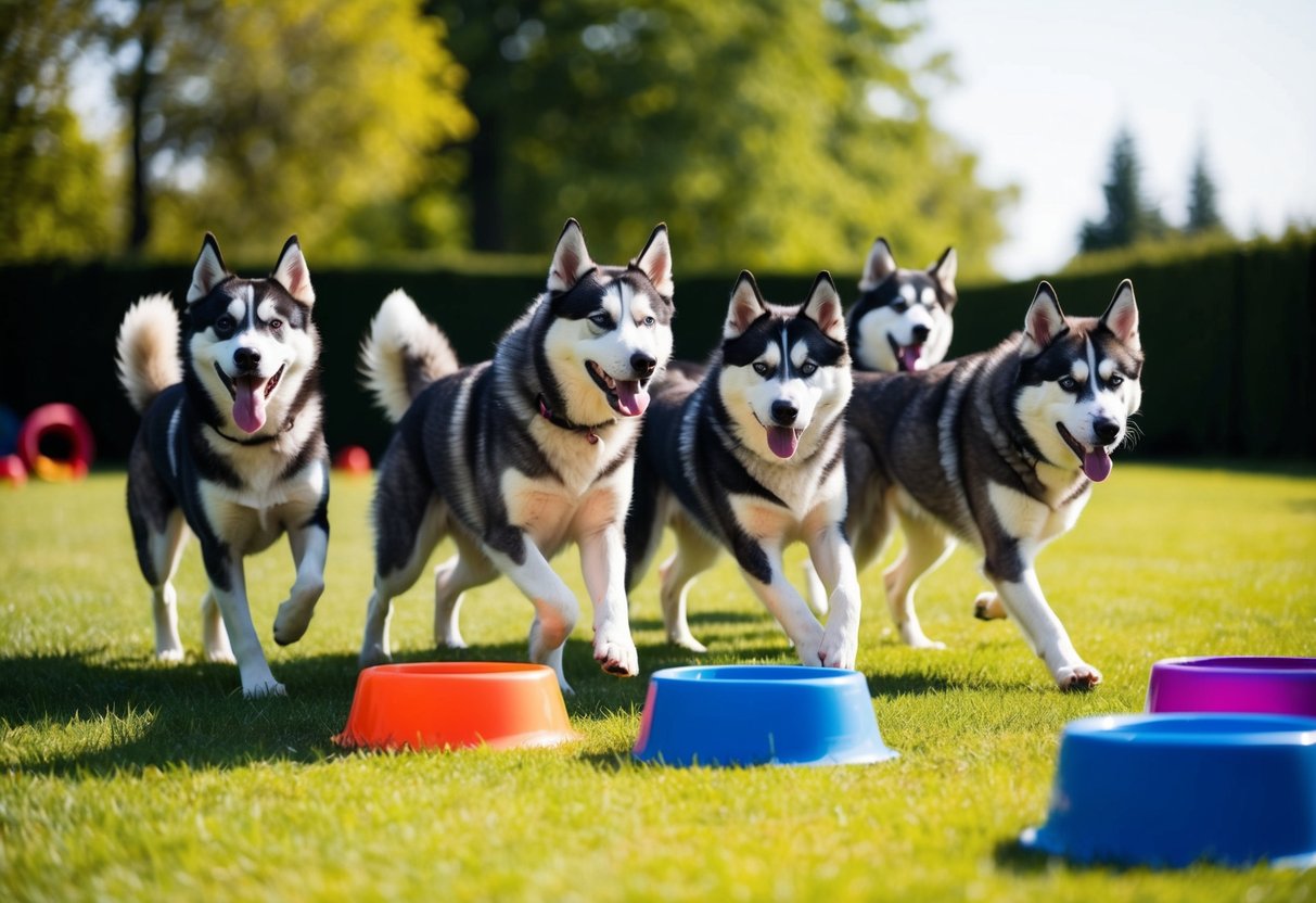 A group of husky mixes playing in a spacious, grassy yard with plenty of toys and water bowls nearby. The dogs are energetic and healthy, showcasing their beautiful coats and strong bodies