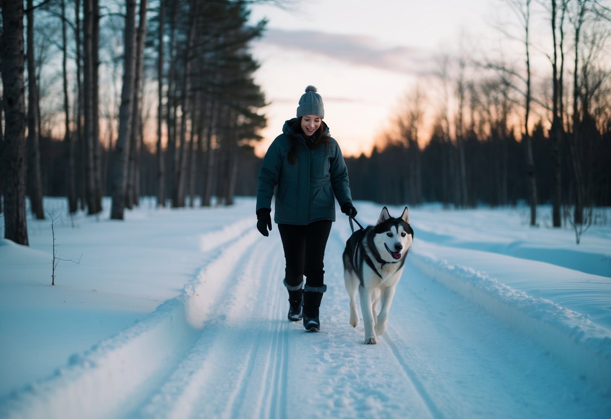 A person walking a husky through a snowy forest at dusk