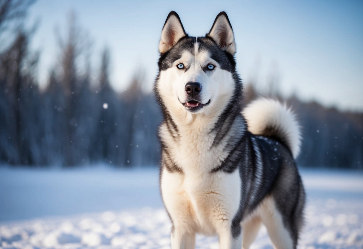 A husky stands proudly, with alert ears and a focused gaze, surrounded by a snowy landscape. Its thick fur and powerful build exude confidence and resilience