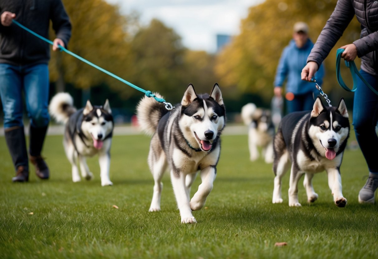 A husky pulls on a leash during a training session in a park, surrounded by other dogs and their owners
