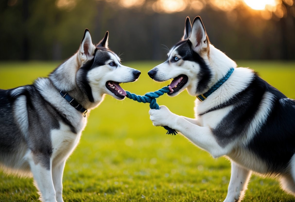 A husky and a German shepherd face off in a tug-of-war over a rope toy, their muscles straining as they compete for dominance