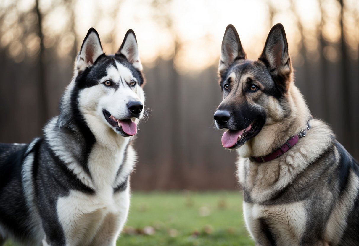 A husky and a German shepherd stand face to face, showing their physical traits. The husky appears larger and more muscular, while the German shepherd has a leaner build