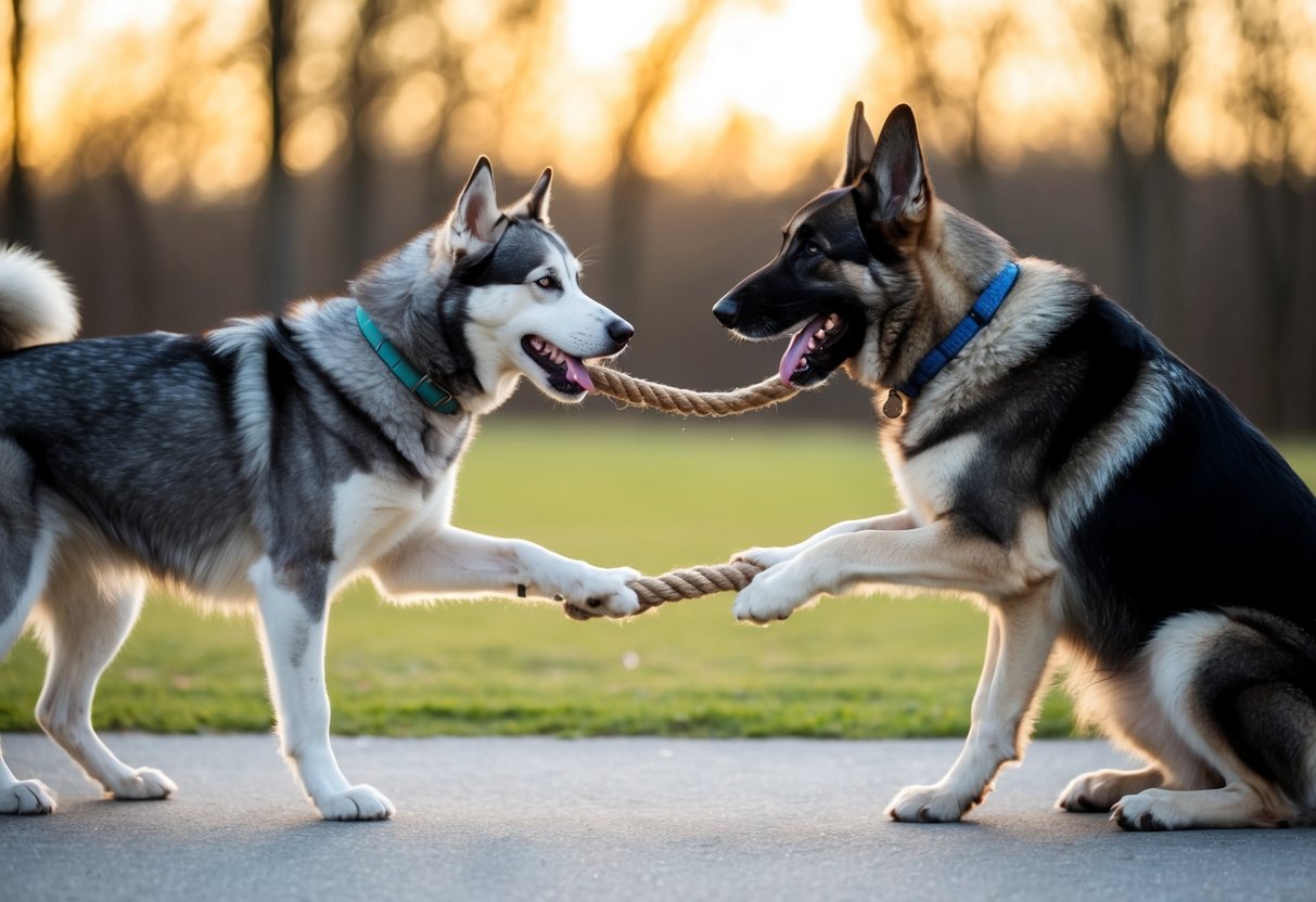 A husky and a German shepherd engage in a tug-of-war over a rope toy, showcasing their strength and intelligence
